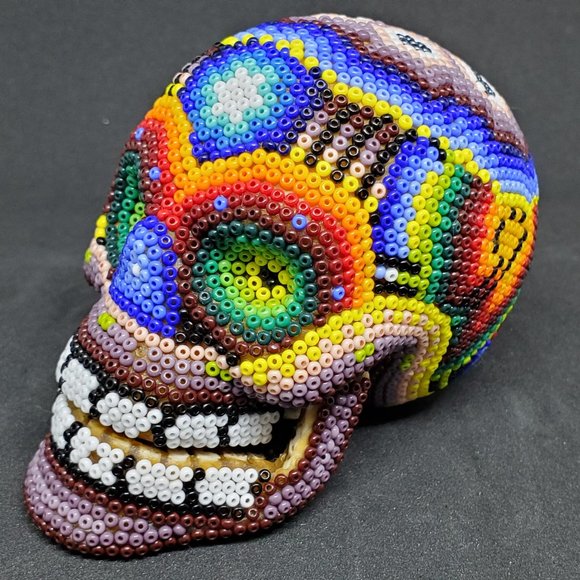 Huichol Beaded Skull on carved fish bone ~ Handcrafted by indigenous artist - Picture 6 of 11
